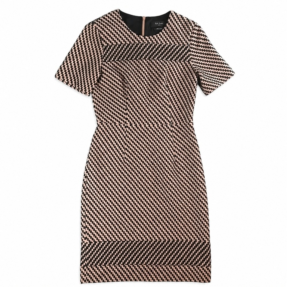 Paul Smith Women 42 Beige Black Sheath Dress Geometric Chevron Made in Italy‎